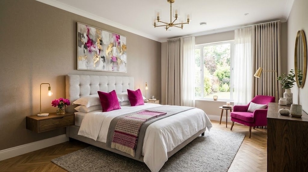 magenta w dodatkach sypialni 