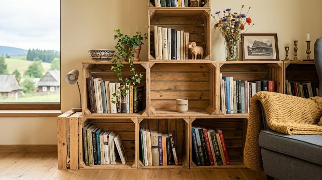 meble ze skrzynek - regał na książki i dekoracje 