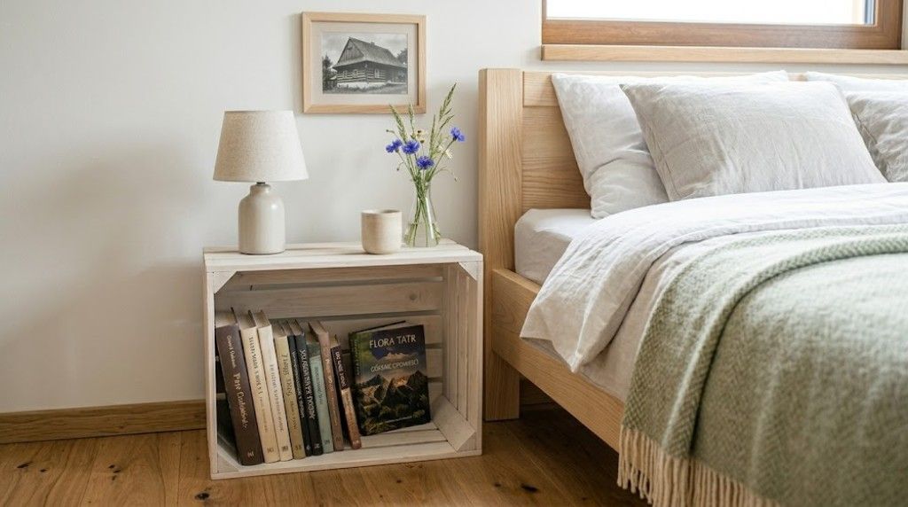 meble ze skrzynek - szafka obok łóżka 