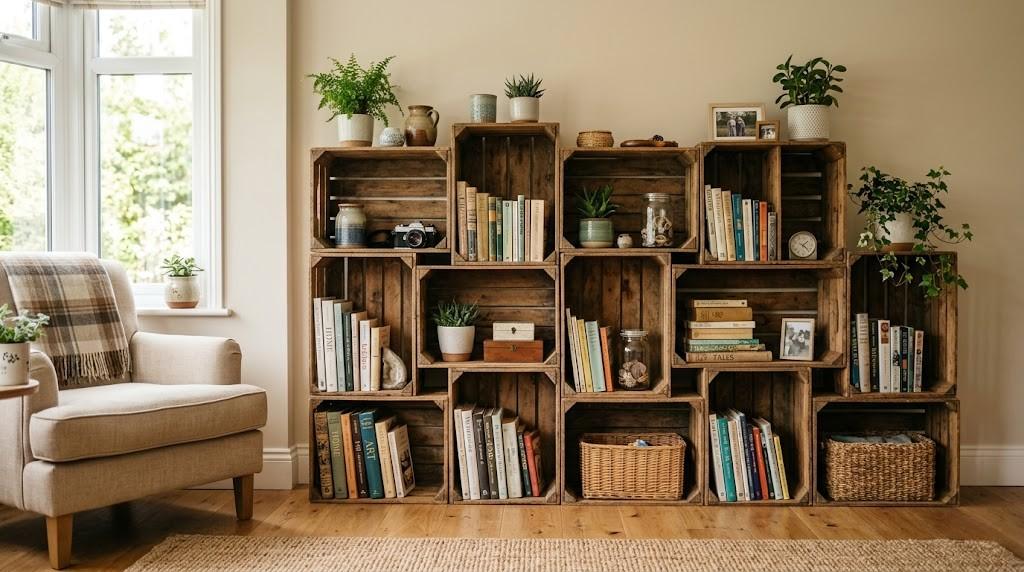 meble ze skrzynek w salonie