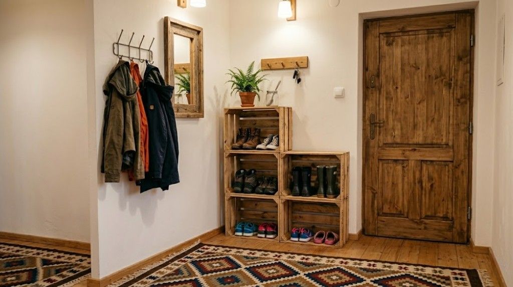 stojak na buty ze skrzynek w przedpokoju 