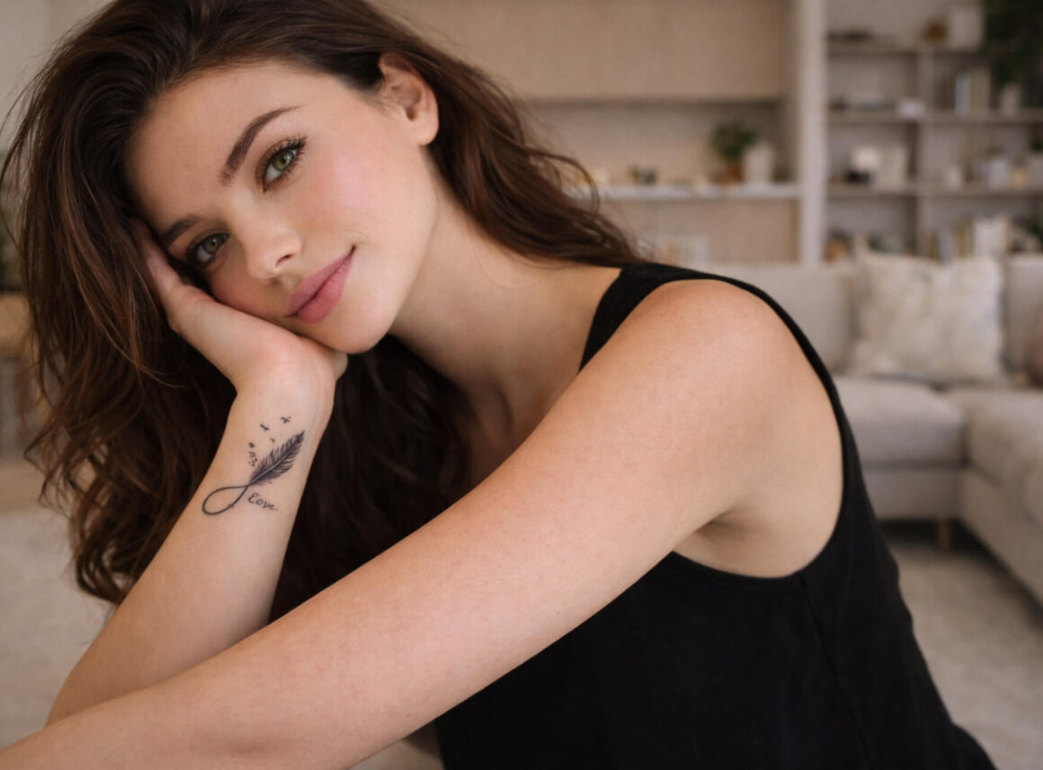 tatuaż znak nieskończoności piórko na wewnętrznej części przedramienia