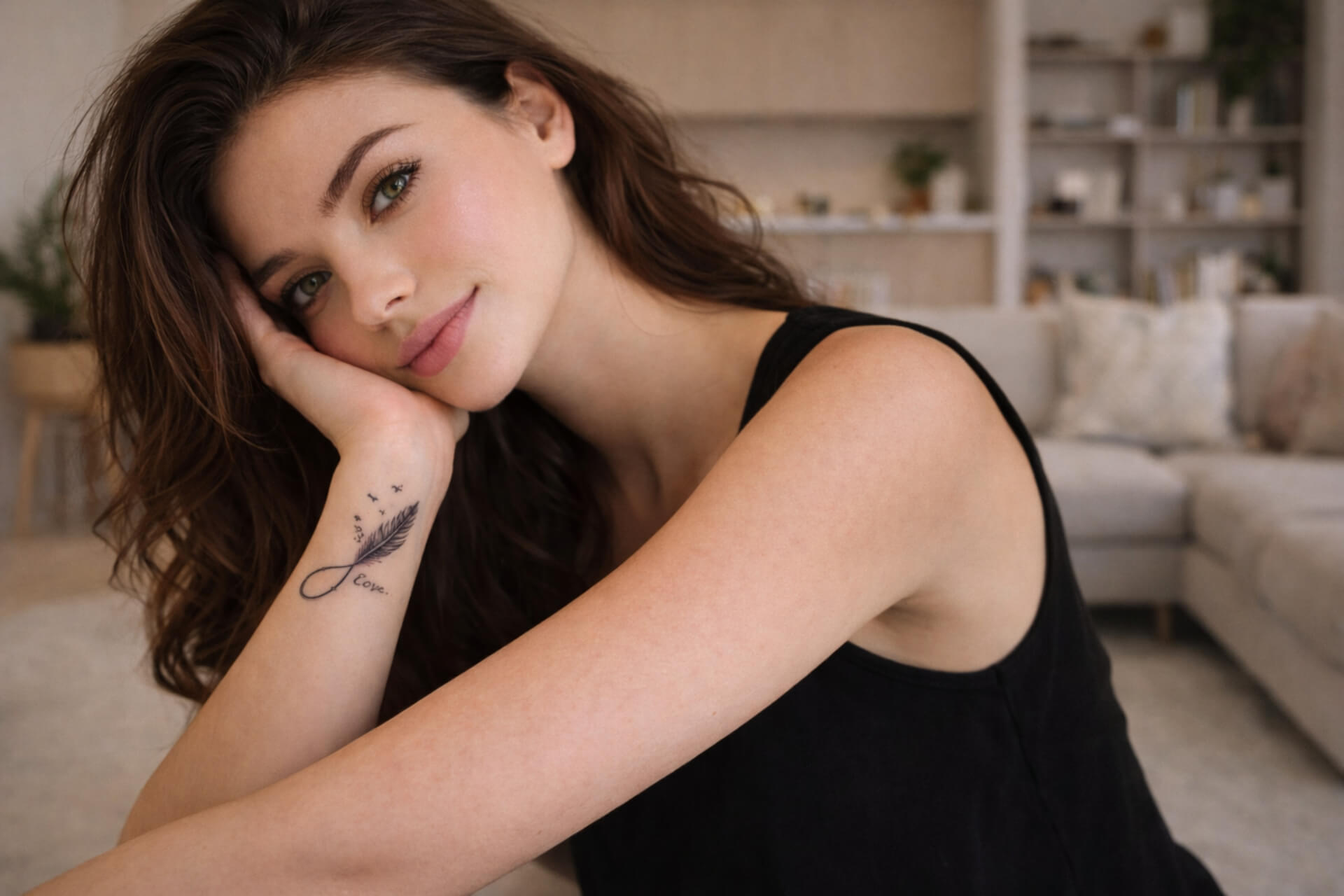 tatuaż znak nieskończoności piórko na wewnętrznej części przedramienia